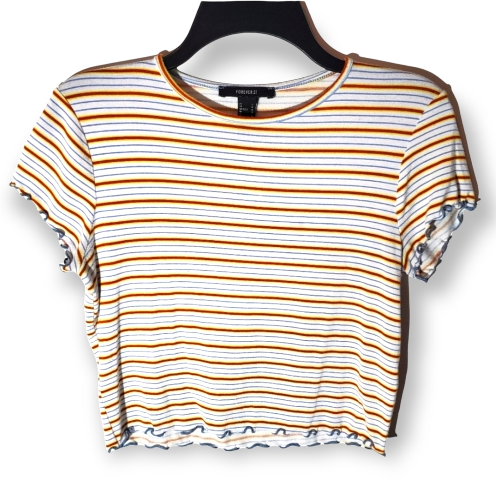 Juniors Ruffled Hem Cropped Crew Neck Striped  Girls Top by Forever 21 | 3/$15